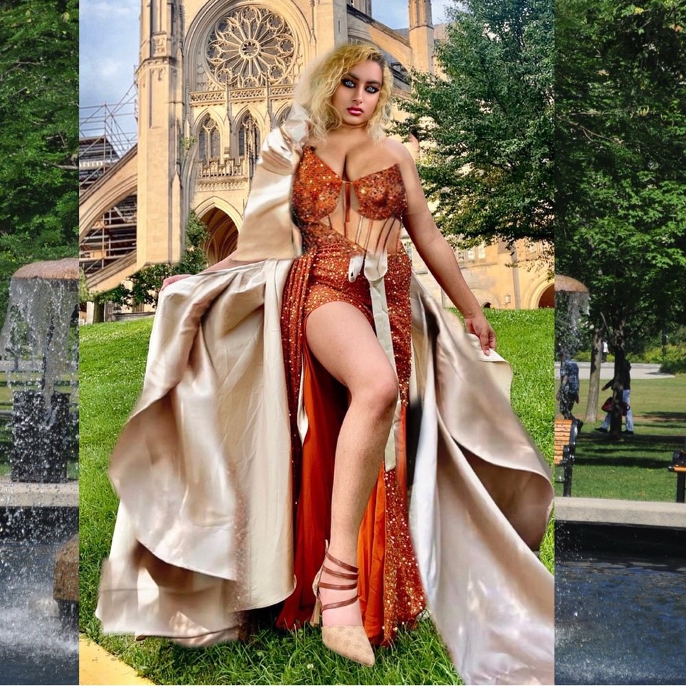 Orange Strapless Glittery Gown With Detachable Train Side Drape High Slit